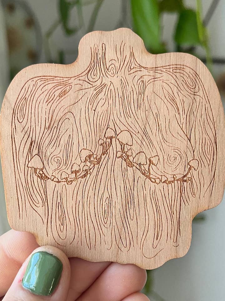 Mushroom Boobs Wooden Sticker: Laser Engraved, Cherry Wood for wholesale by Owlhaired Designs