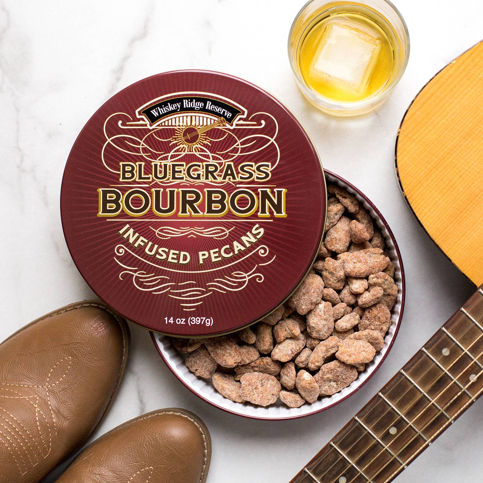 Damn, Man Snacks - Wholesale Nuts - Bluegrass Original Bourbon Pecans Gift Tin 14 Oz Nuts