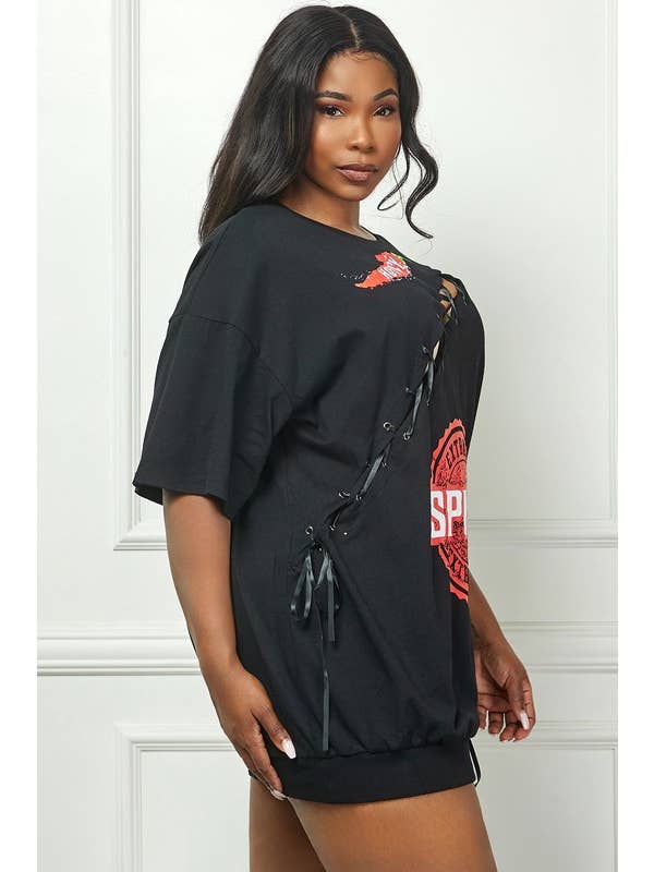 Speziato Top a tunica oversize con lacci diagonali a manica corta regolare in vendita all'ingrosso su Faire1