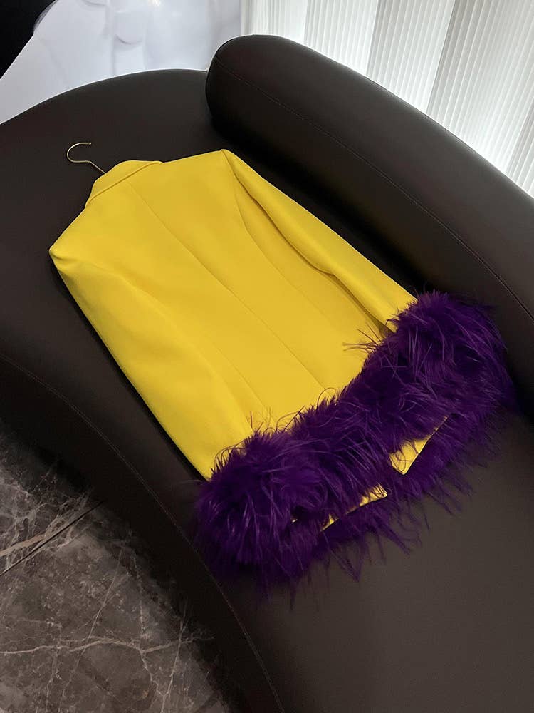 SY372 Yellow Blazer with Purple Feather Cuffs for wholesale on Faire1