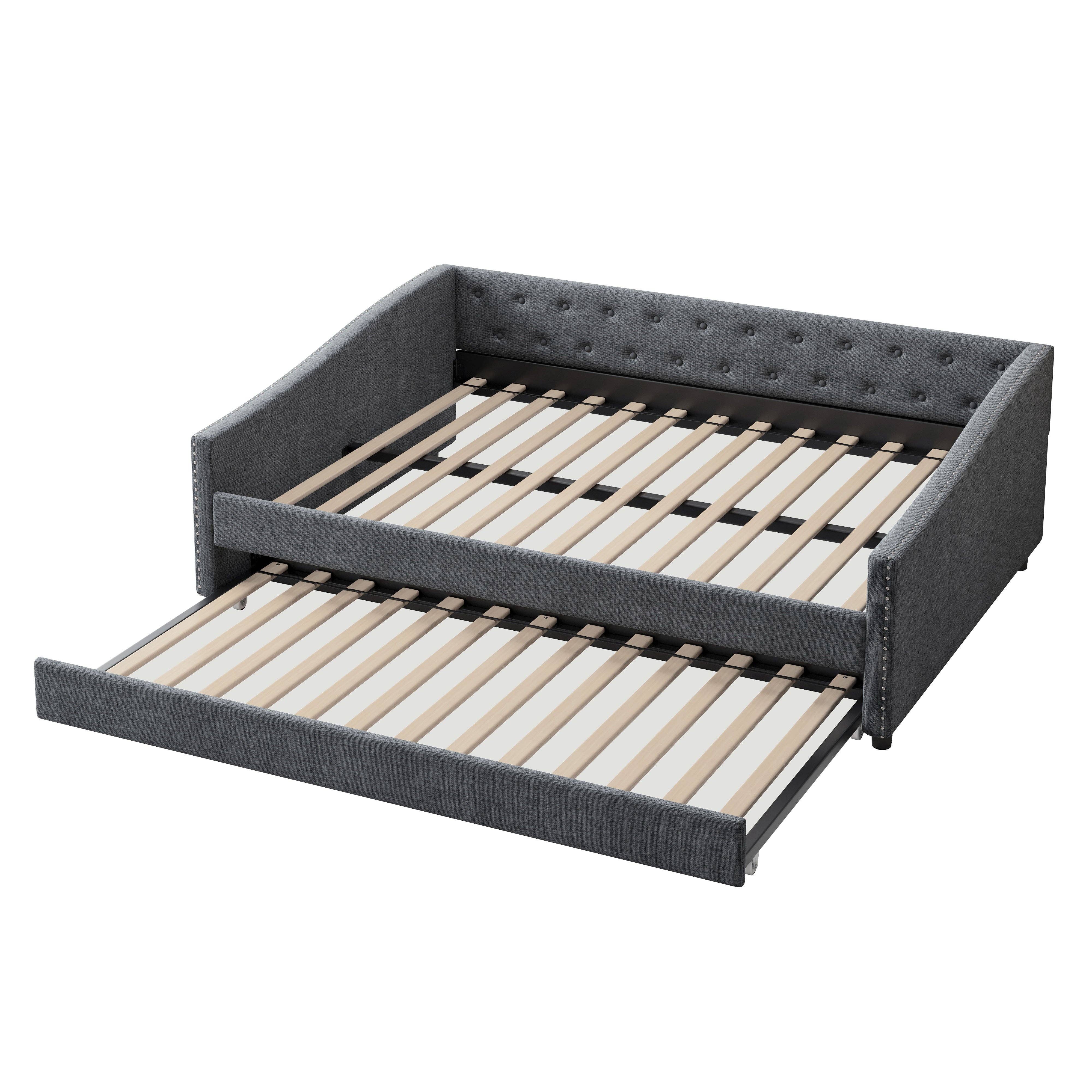 Orange County Decor - Wholesale Sofa - Full Size Daybed With Twin Size Trundle Upholstered Tufted Sofa Bed, With Button On Back And Copper Nail On Waved Shape Arms Dark Grey Full Dark Grey Wood Fabric2