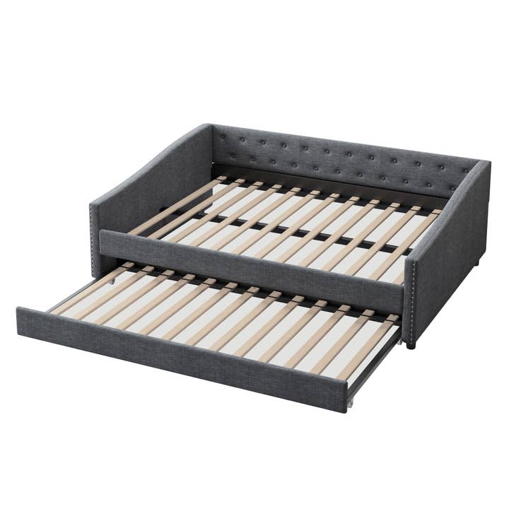 Orange County Decor - Wholesale Sofa - Full Size Daybed With Twin Size Trundle Upholstered Tufted Sofa Bed, With Button On Back And Copper Nail On Waved Shape Arms Dark Grey Full Dark Grey Wood Fabric2