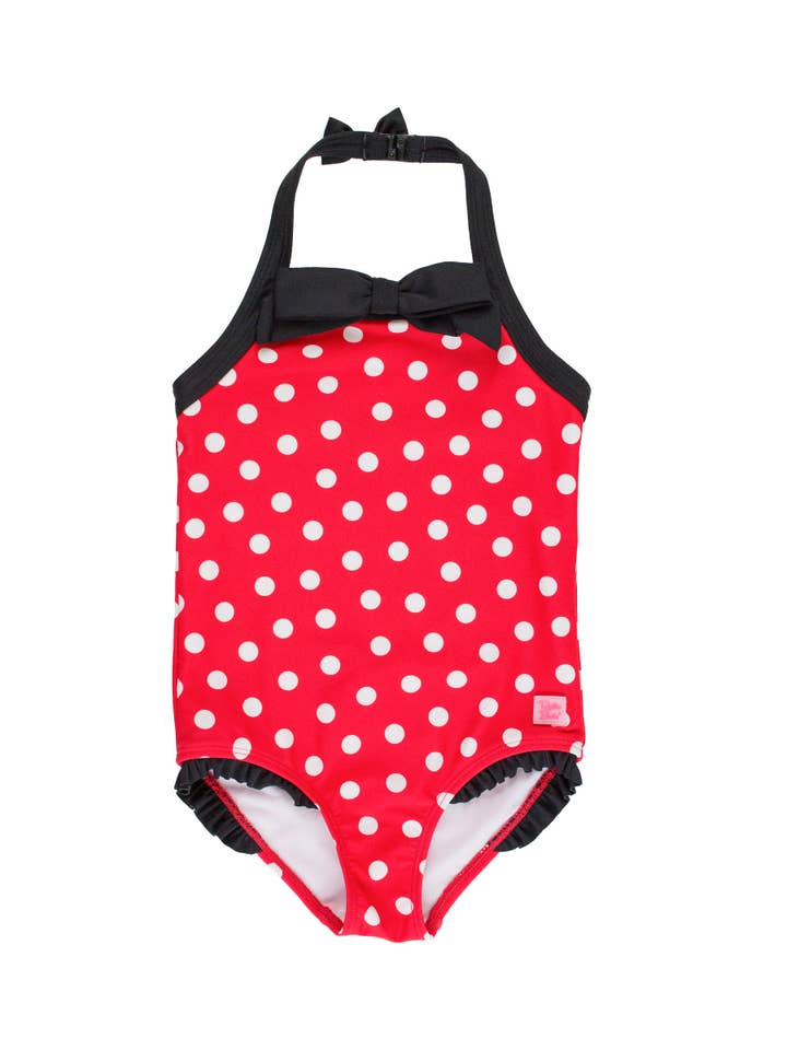Meisjes Rode Vintage Polka Dot Halter Eendelig Badpak voor wholesale door RuffleButts + RuggedButts