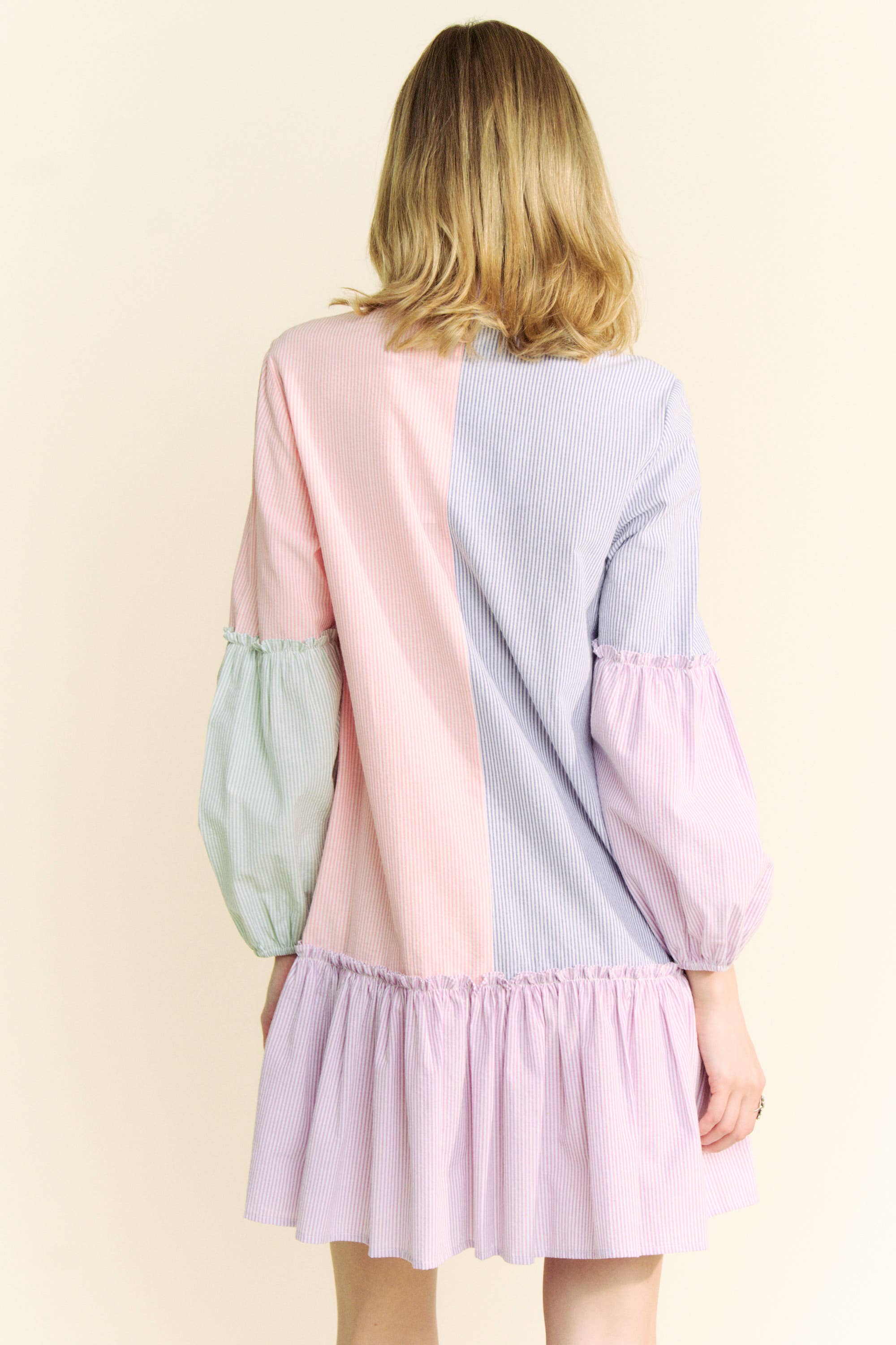 MULTI STRIPE COLOR BLOCK WAIST BALLOON SHIRT DRESS for wholesale on Faire6
