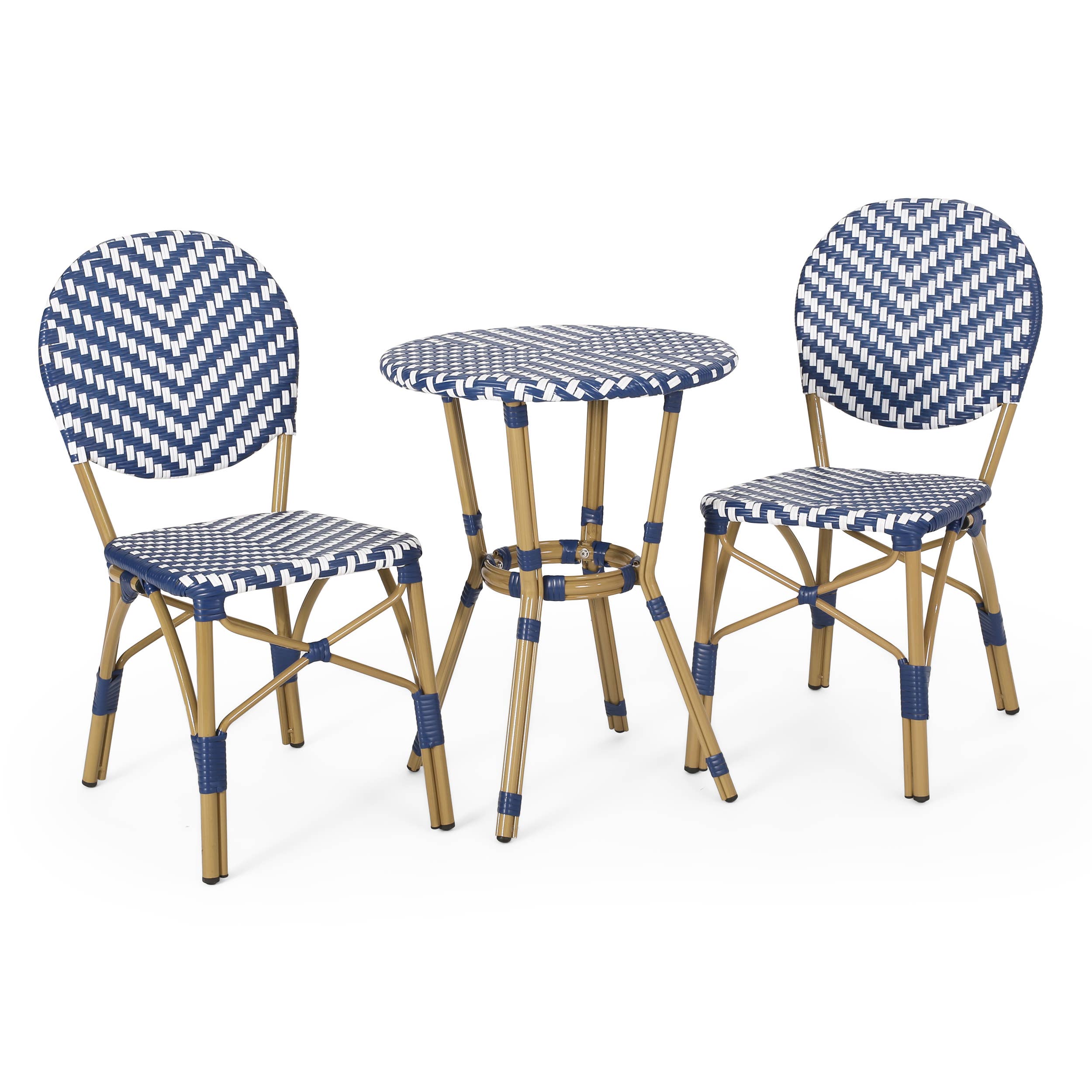 Navy Blue Aluminum 3-Piece French Bistro Set with Bamboo Finish for wholesale on Faire1