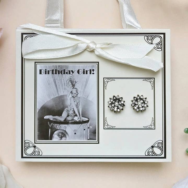 Happy Birthday Postcard With Diamante Flower Earrings for wholesale by Lovett & Co