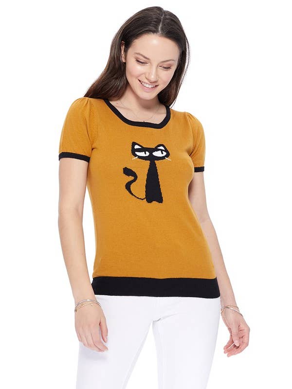 Mak - Wholesale Knit Sweater - Women's - Short Sleeve Crewneck Cat Print Casual T-Shirt Sweater