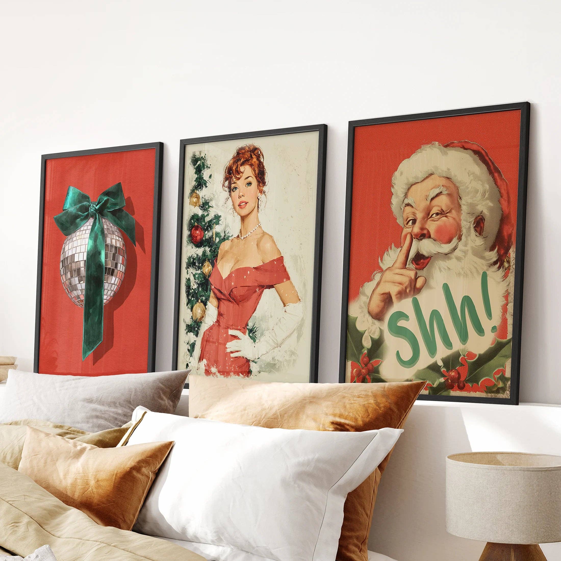 PrintSets.com - Wholesale Gallery Wall Set - Retro Holiday 3 Piece Wall Art: Santa, Pin-Up Girl, Disco Ball8