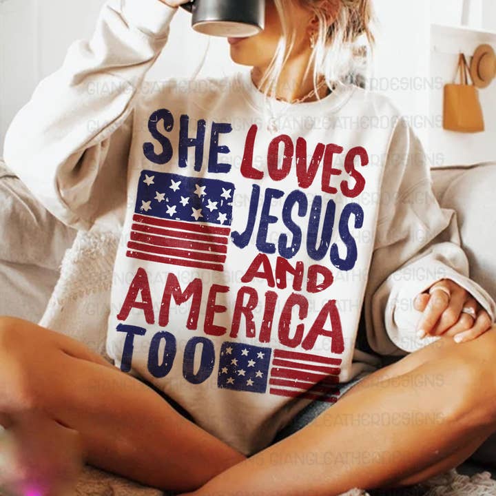 She Loves Jesus And America Too Shirt, American Sweatshirt for wholesale by NVC Ecommerce LLC