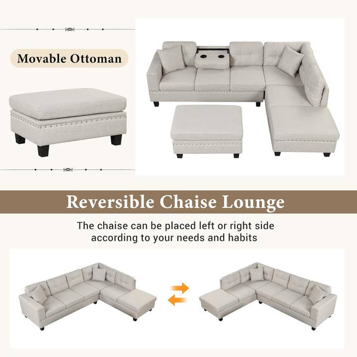 Light Gray Sectional Sofa Couch with Ottoman and Chaise for wholesale on Faire