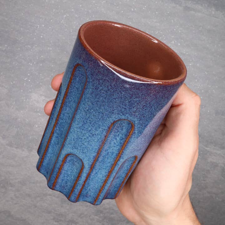 Blue and Red 16 oz Round Indented Stoneware Ceramic Cup for wholesale by HOLD SUPPLY
