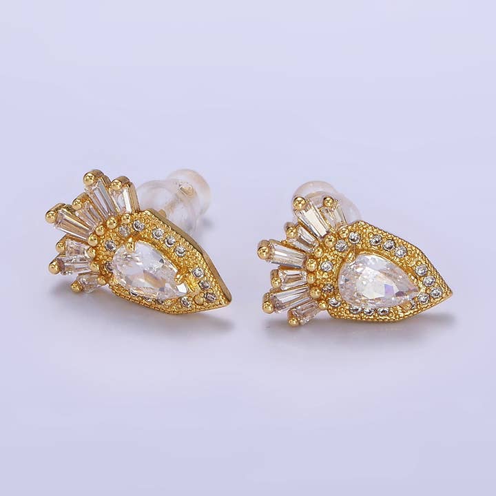 24K Gold Filled Teardrop Baguette Micro CZ Stud Earrings for wholesale by Aim Eternal
