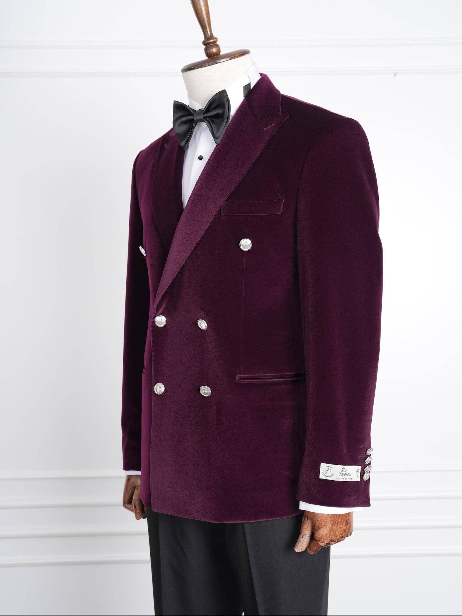 parez suits - Wholesale Tuxedo Jacket - Men's - Wine Velvet Double-Breasted Tuxedo with Signature Buttons2