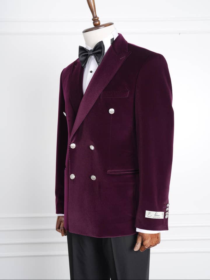parez suits - Wholesale Tuxedo Jacket - Men's - Wine Velvet Double-Breasted Tuxedo with Signature Buttons2