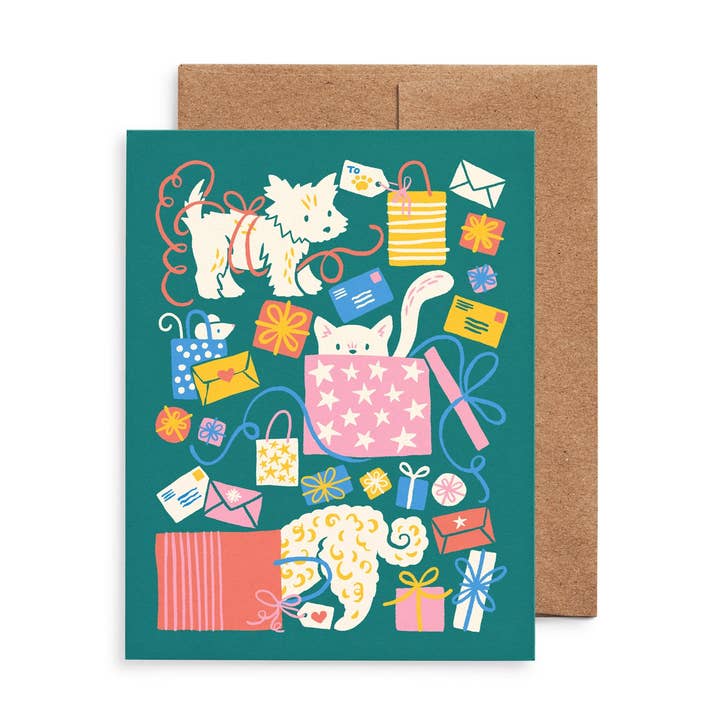 Merry Pets Christmas Presents Card: Original Dog & Cat Art for wholesale by Nuthatch Studio