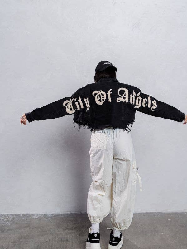 Trio Urban - Vente Veste en jean – femme - Veste en jean court à imprimé crème City of Angels6