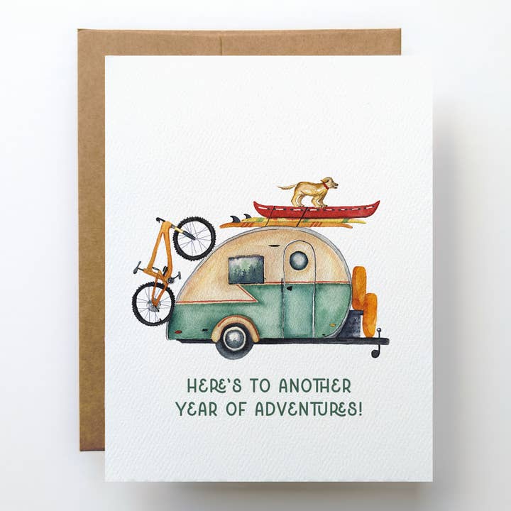 Adventure Birthday Card | Retro Camper Outdoorsy Design for wholesale by Watercolor Wednesday