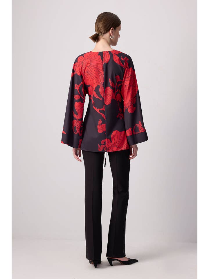 Black Red Floral Kimono Sleeve Tunic with Waist Tie for wholesale on Faire3