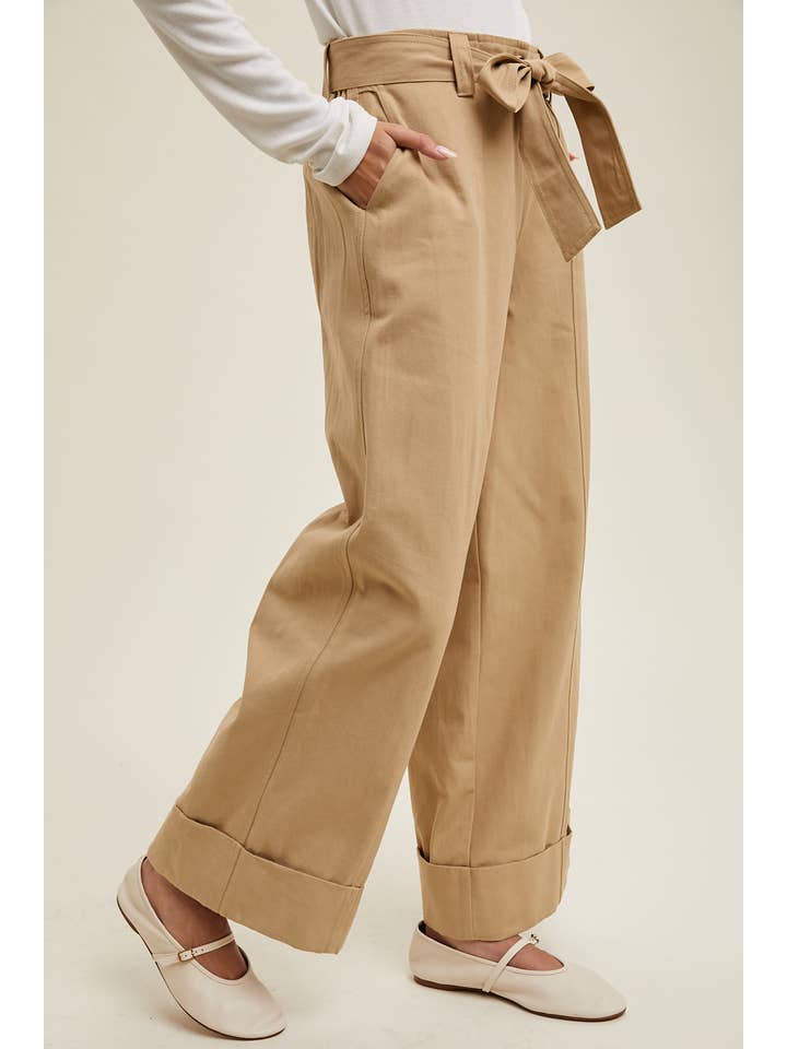 KHAKI CUFFED WIDE LEG BELTED PANTS / WL24-9549 for wholesale on Faire1