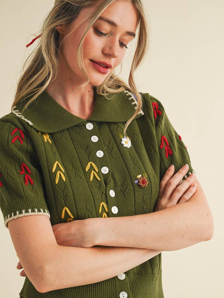 &MERCI - Wholesale Knit Sweater - Women's - HAND EMBROIDERED SHORT SLV BUTTON DOWN SWEATER MSW1095342