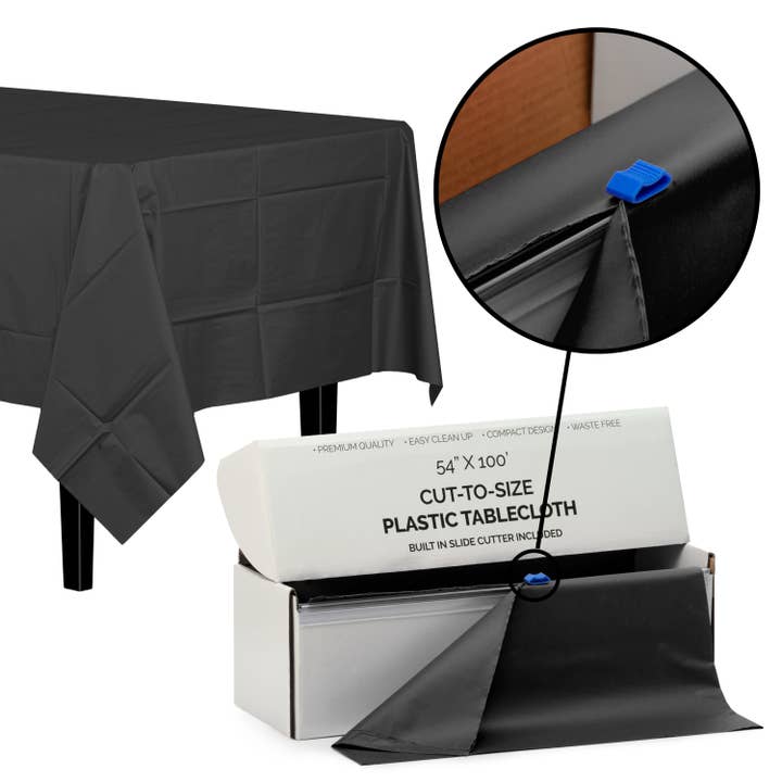 54 In. X 100 Ft. Cut-To-Size Plastic Table Cover - Black for wholesale by Crown Display