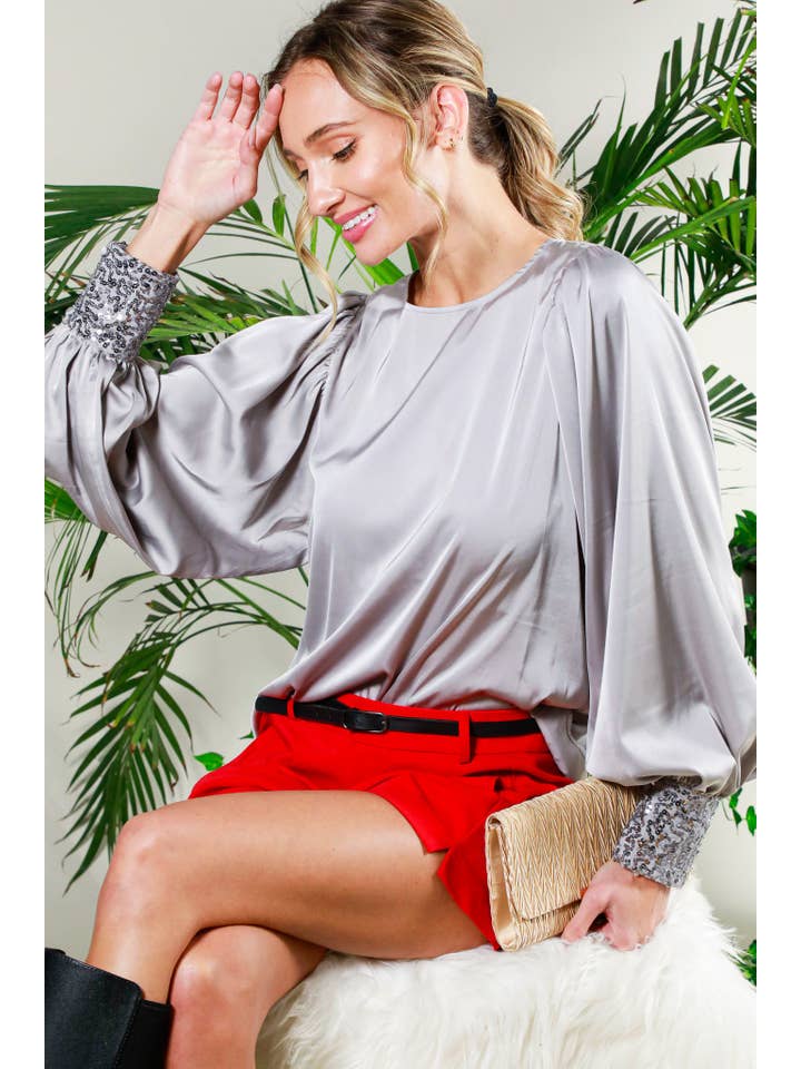 Vine & Love - Wholesale Blouse – Women’s - Sequin Cuff Accent Crew Neck Satin Blouse Top VT8125920