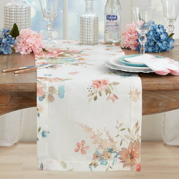 Hemstitch Floral Table Runner - 16"x 72" for wholesale by Fennco Styles