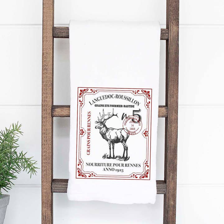 Vintage Reindeer Stamp Tea Towel Christmas Tea Towel Decor for wholesale by Rising Tide Vintage