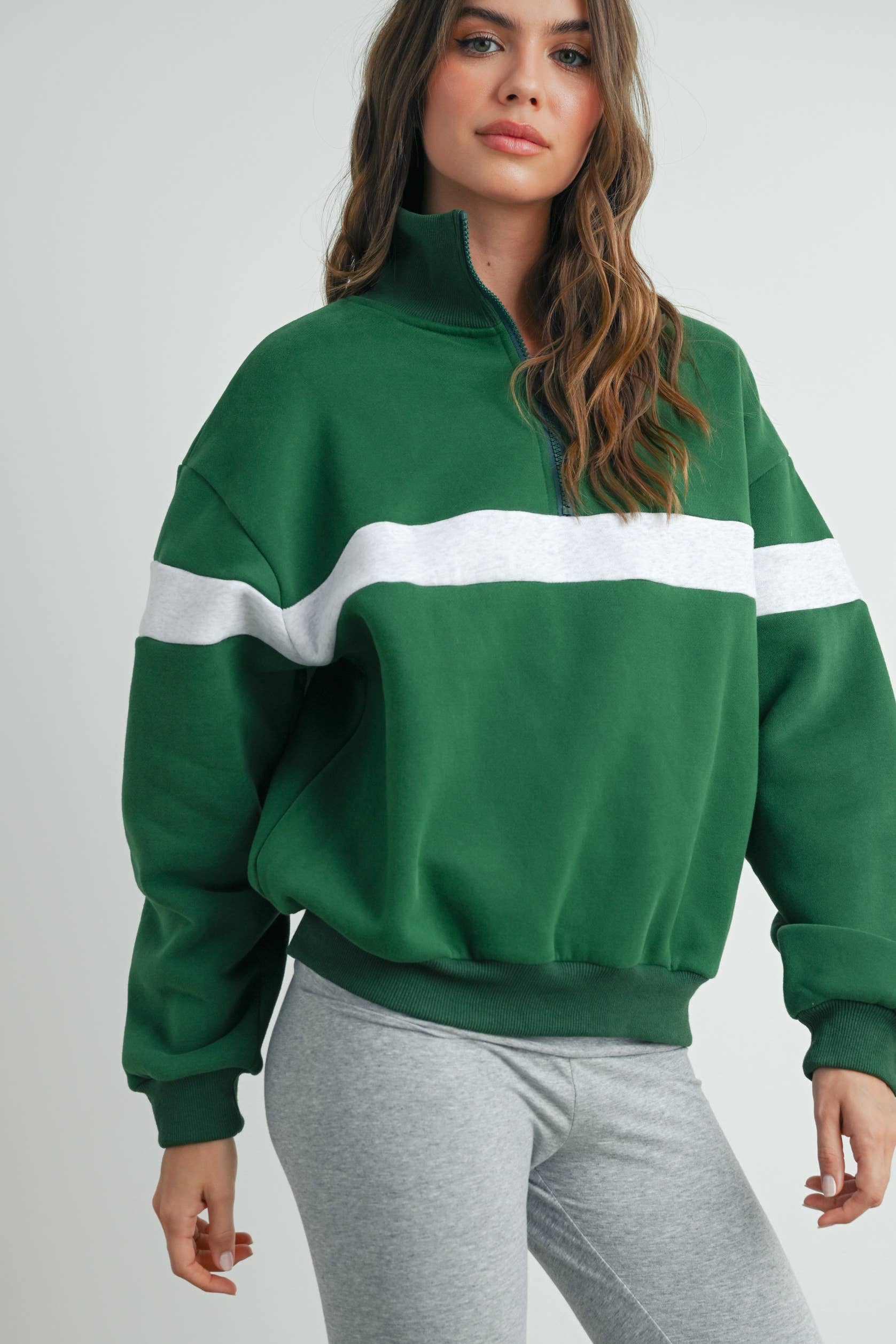 BUTTERMELON - Wholesale Sweatshirt - Women's - Two-Toned Half Zip Collar Sweatshirt - BMT753552