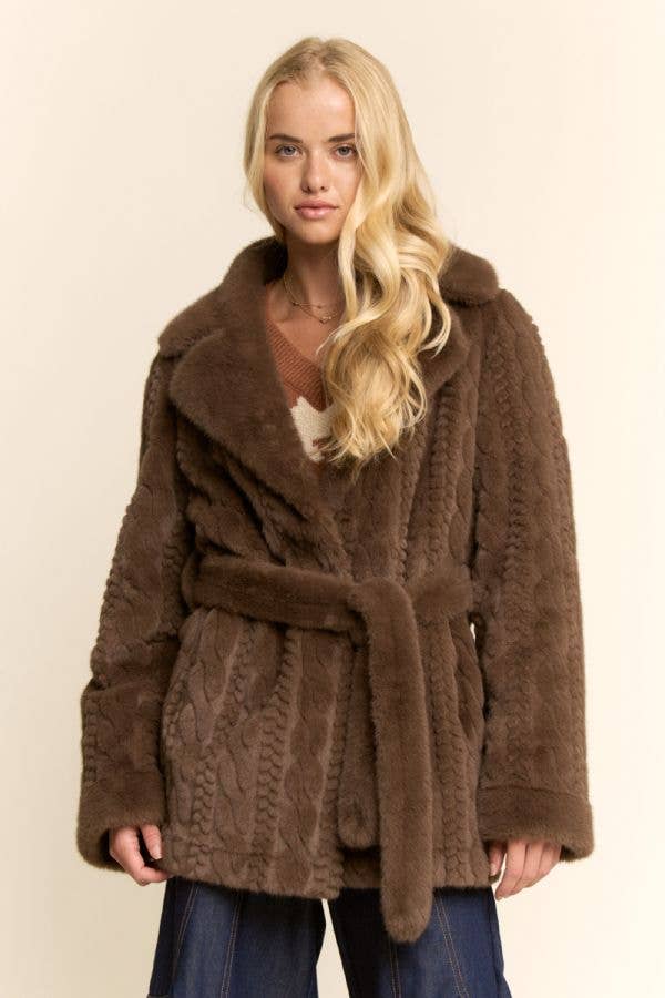 Brown TEXTURED FAUX FUR BELTED COAT for wholesale on Faire3