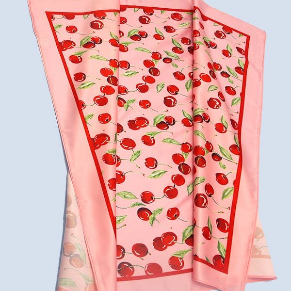Pink CHERRY PRINT SILKY FEEL BANDANA SCARF | 40SC626 for wholesale on Faire