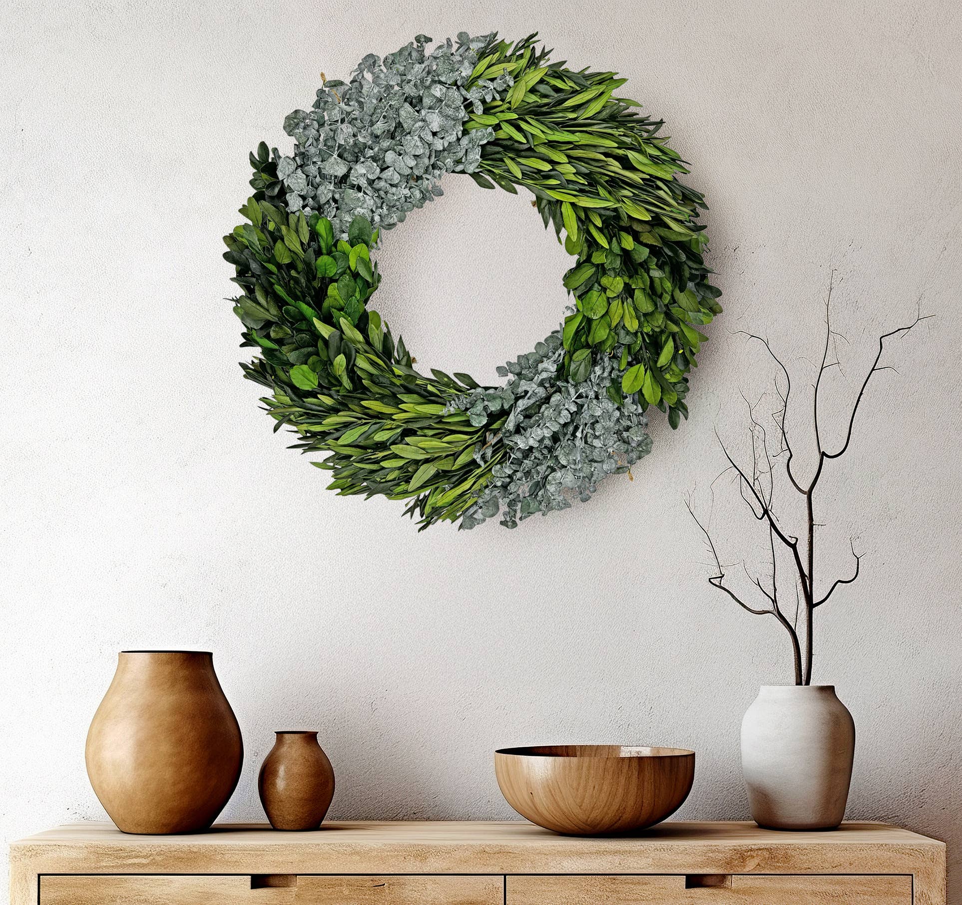 2626 Designs - Vendita all'ingrosso Ghirlanda - Ghirlanda preservata da 53 cm con foglie di eucalipto e bosso1