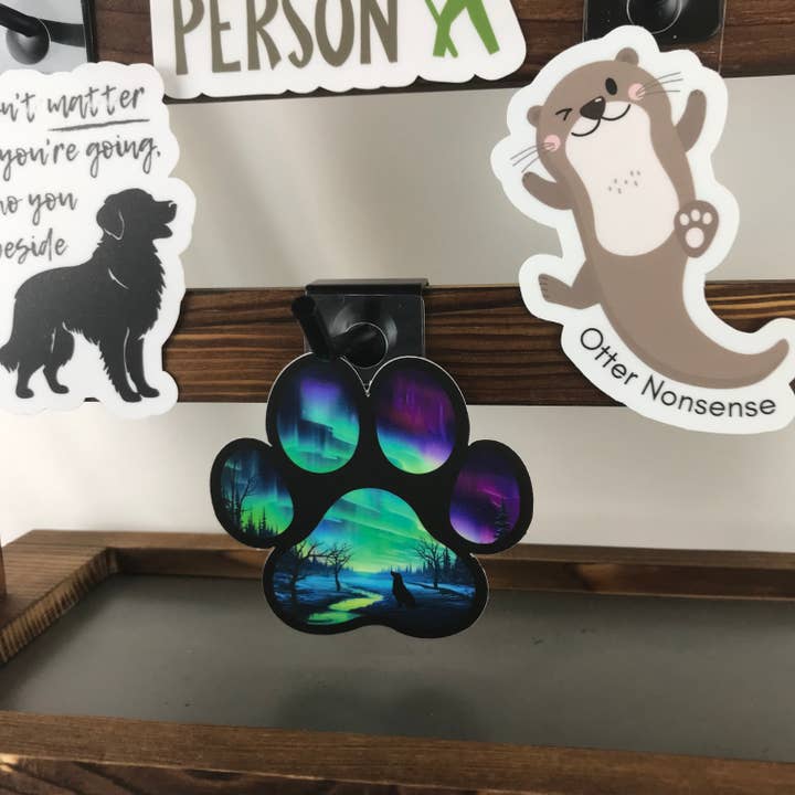 National Parks and Beyond - Wholesale Sticker - Northern Lights Paw Print Sticker – Dog and Aurora Design13