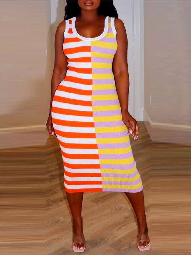 Striped print sleeveless vest dress for wholesale by Rosa Clothing