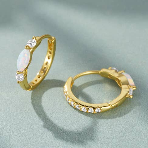 Perimade & Co. LLC - Wholesale Huggie Earrings - Dainty Oval Opal Huggie Hoop Earrings in 925 Sterling Silver0