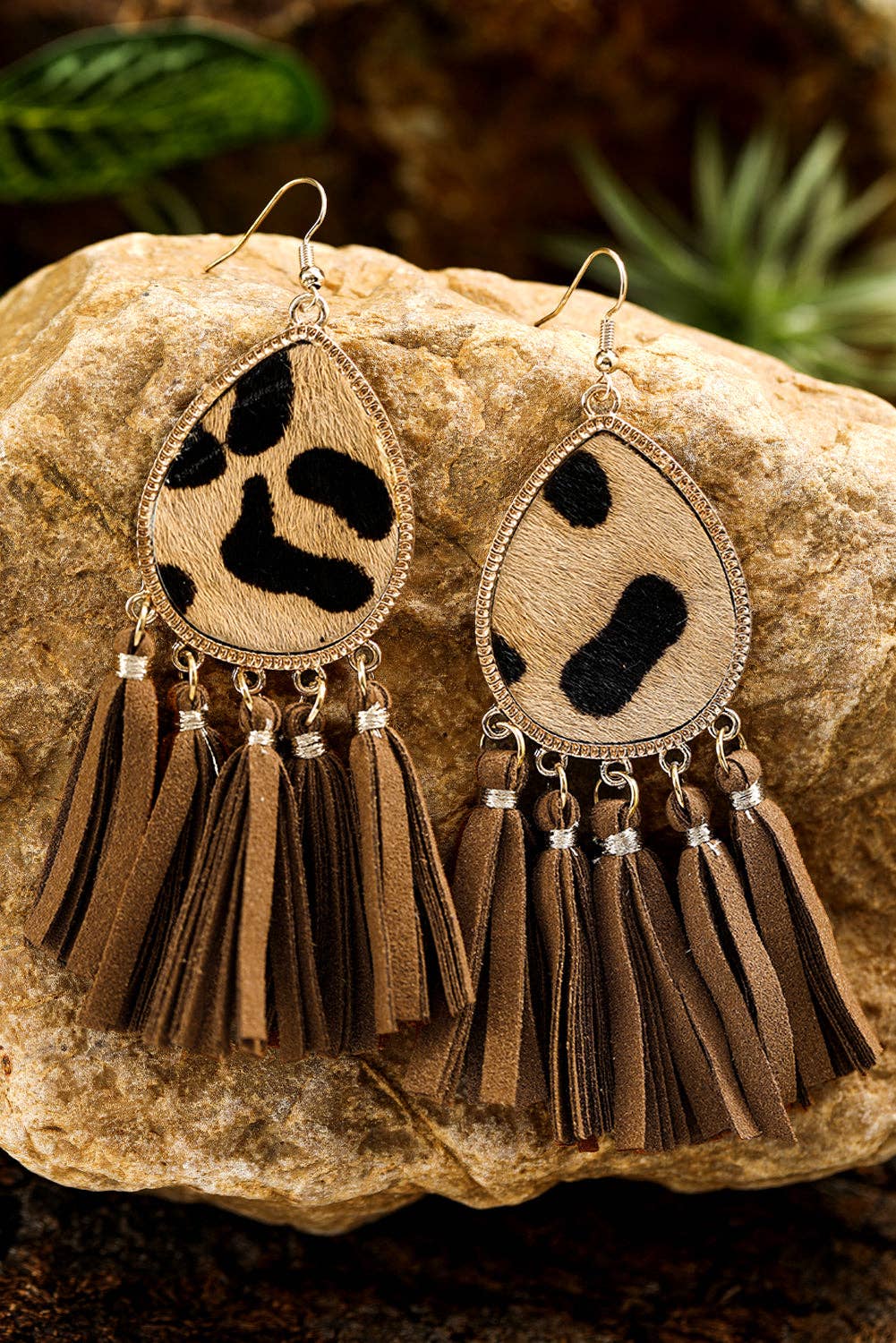 Honey Gold Boho Leopard Tasseled Hook Earrings for wholesale on Faire2