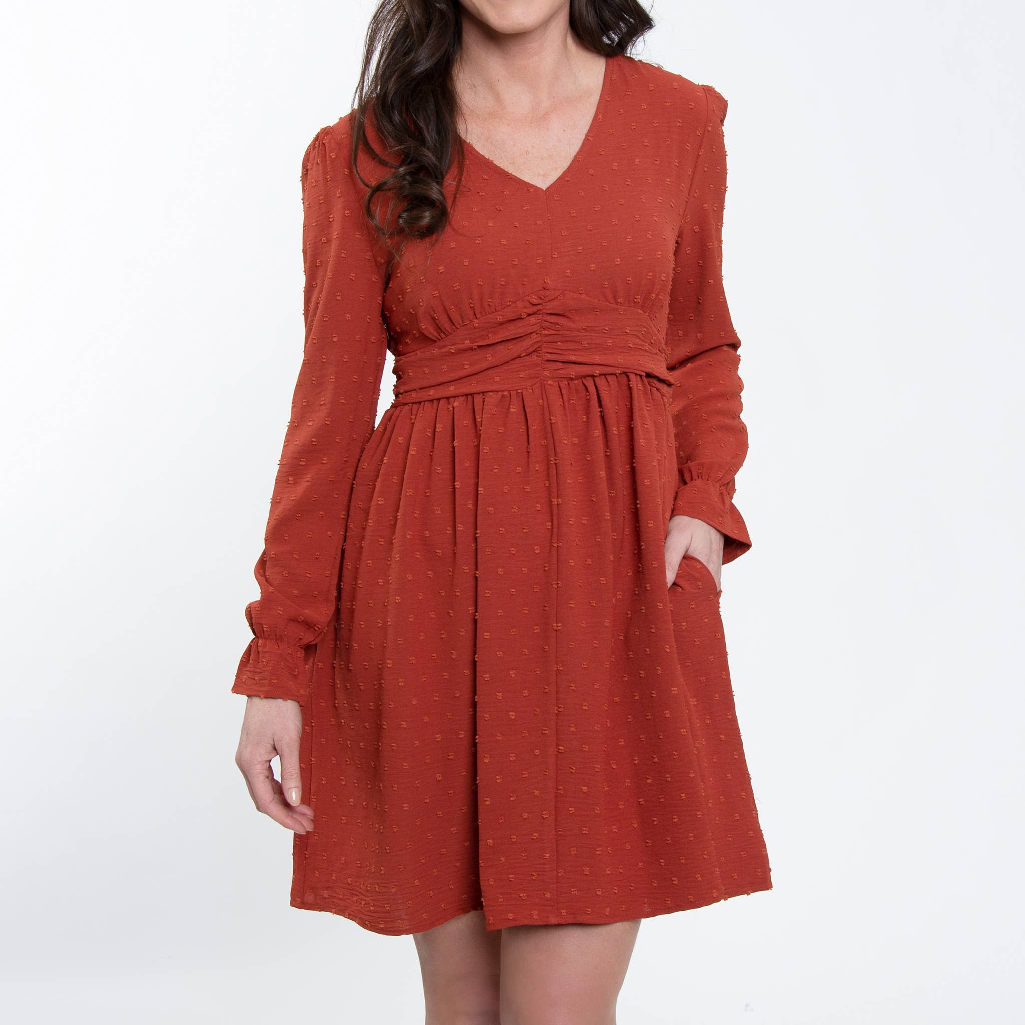 Elsie & Zoey - Wholesale Dress - Women's - Hayden Swiss Dot Long Sleeve Ruched V-Neck Dress10
