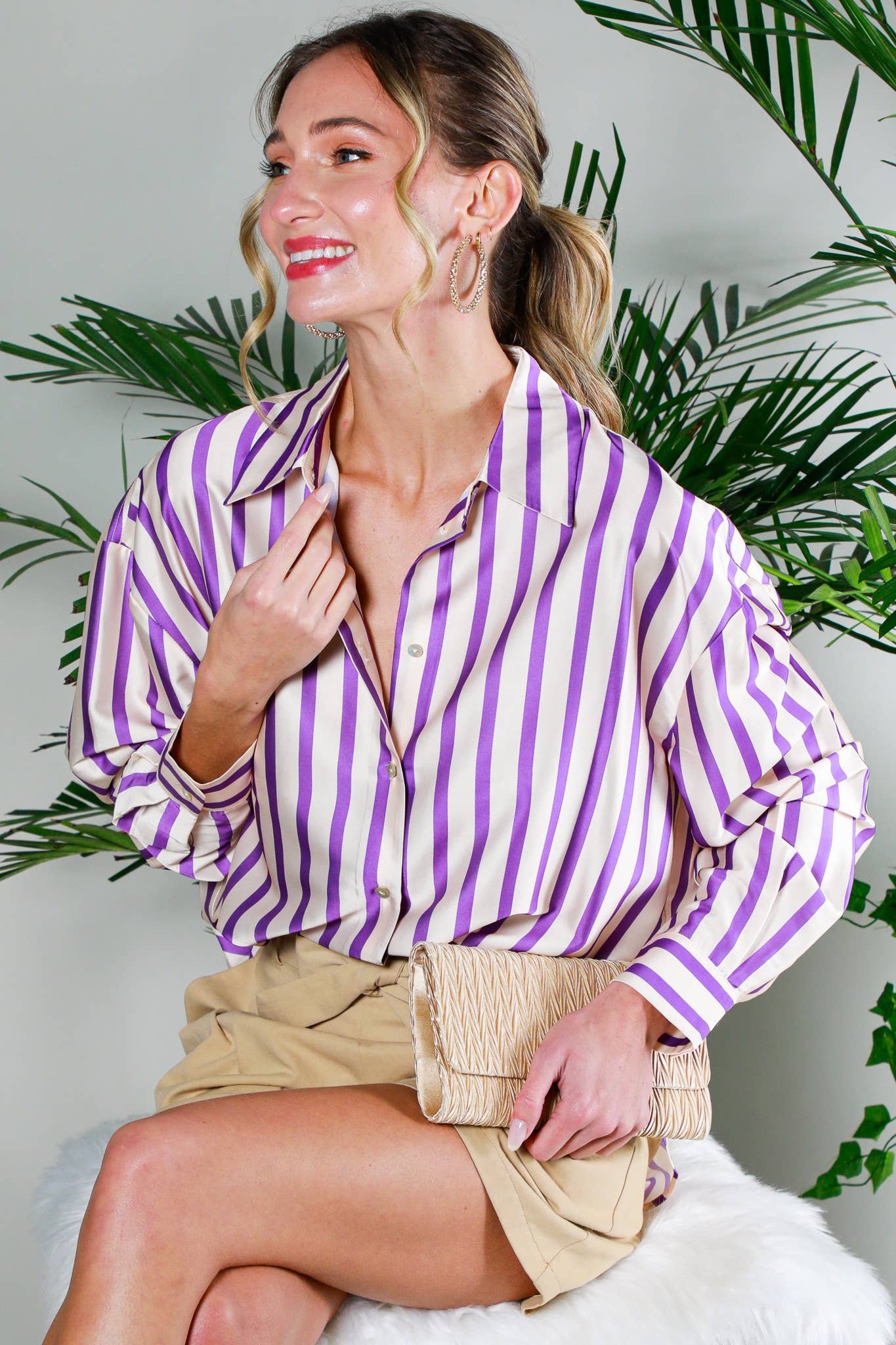Vine & Love - Wholesale Button Down Shirt - Women's - Collard Vertical Stripe Printed Satin Blouse Top VT8131519