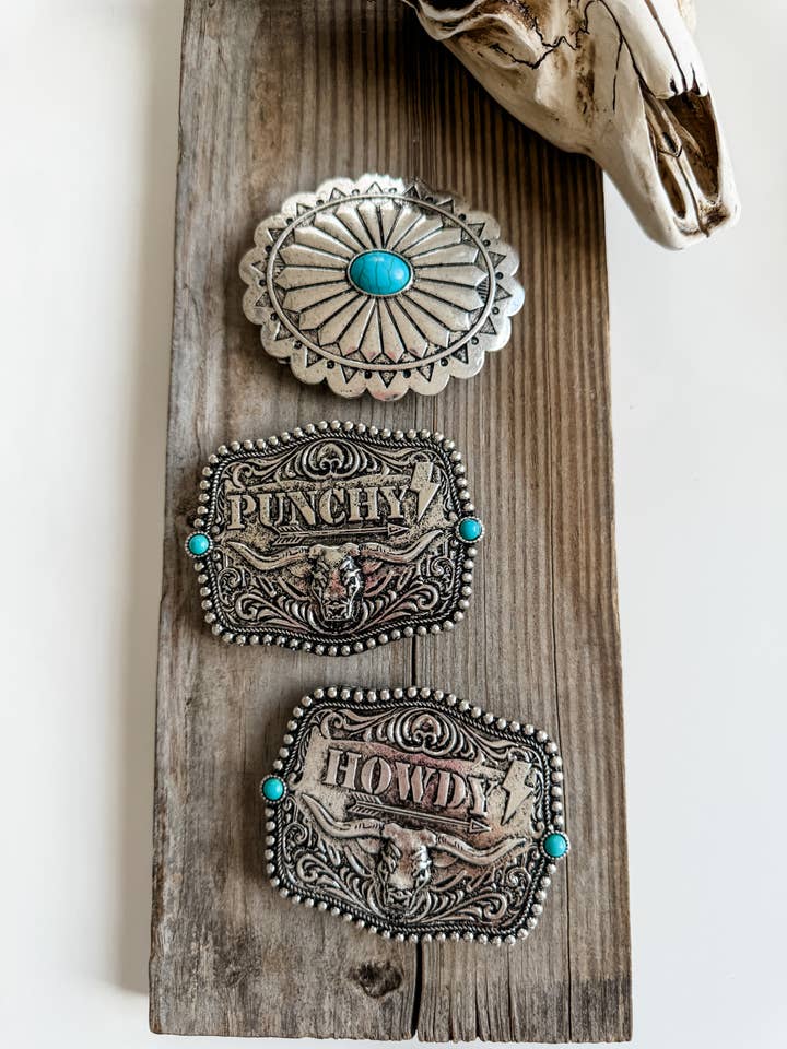 Western Typography Belt Buckle - Howdy - Punchy - Concho for wholesale by Boho Ranch Shop