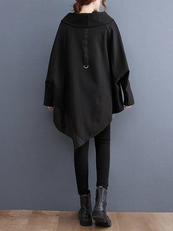 BLACK Long Sleeves Loose Asymmetric Split-Joint Zipper Heaps Collar Sweatshirt Tops for wholesale on Faire5