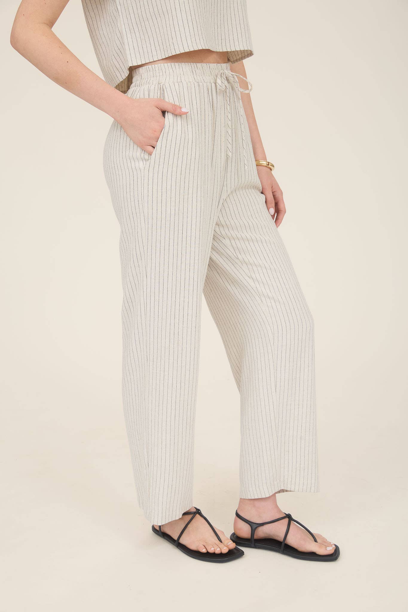 MINE - Wholesale Pants - Women's - PINSTRIPE DRAWSTRING STRAIGHT LEG LINEN PANTS6