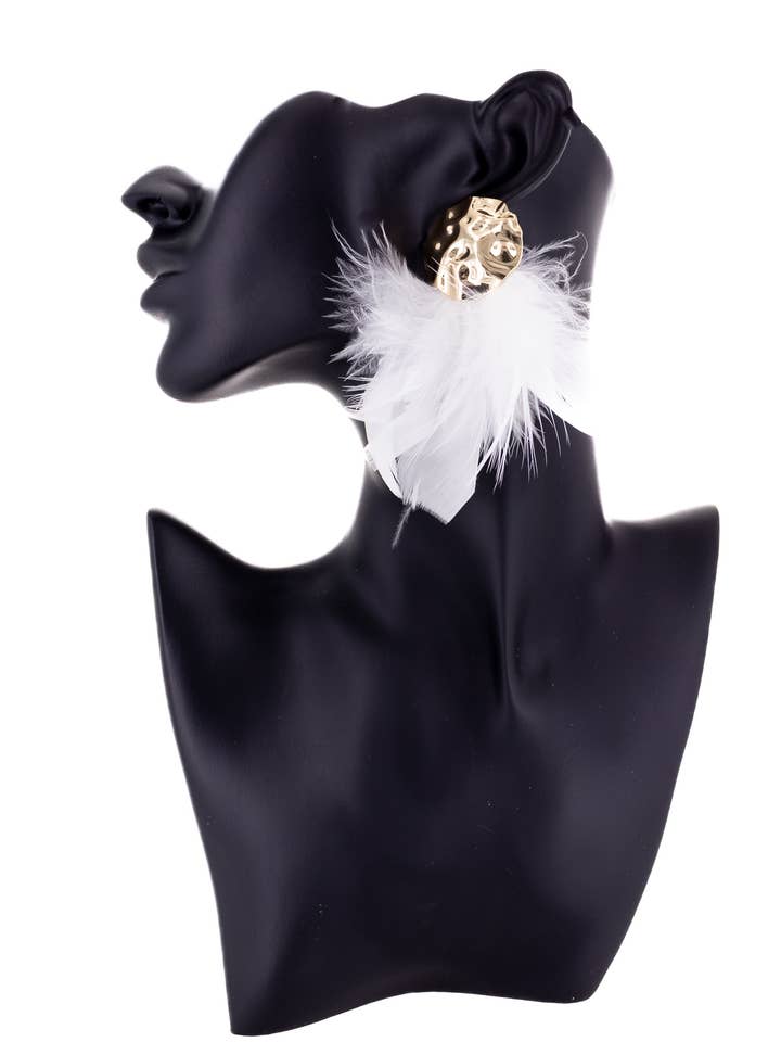 Tracy Earrings - Gold, Feather, Handmade, Statement, Boho for wholesale by Rush Style