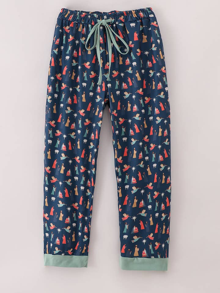 Pantaloni del pigiama da mamma con stampa natalizia blu navy per la vendita all'ingrosso da parte di Aspen Rain Boutique