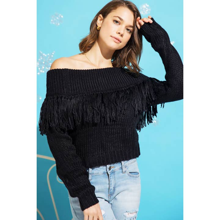 Sweet Generis - Vente Pull en maille – femme - PULL EN MAILLE ÉPAISSE À FRANGES ET ÉPAULES DÉNUDÉES4