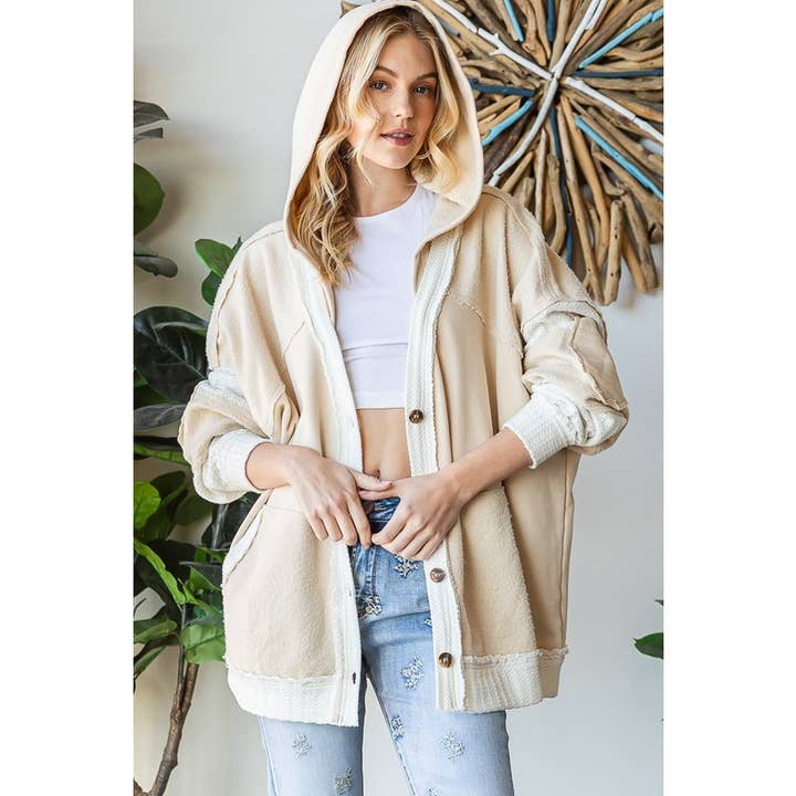 WASHED COLORBLOCK MIX MEDIA HOODED CARDIGAN for wholesale by Oli&Hali