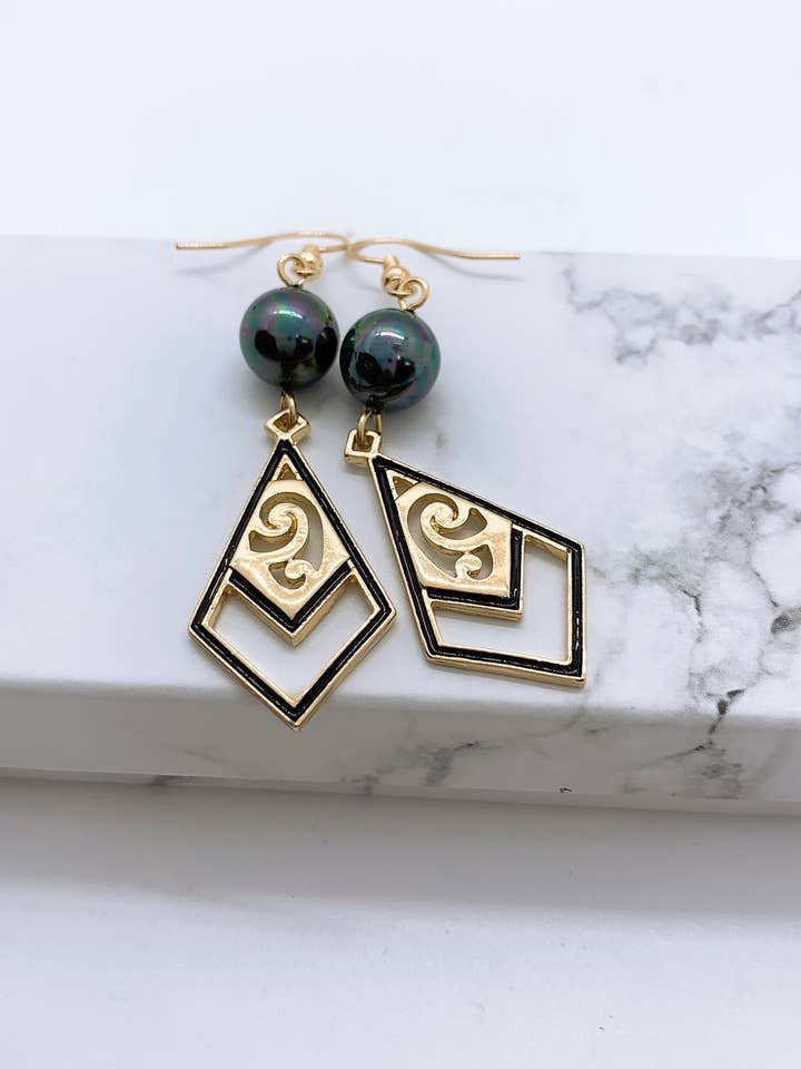 Tribal : Hamilton Gold Earring with Black Grayish Shell Pearls for wholesale by Anela's Jewelry