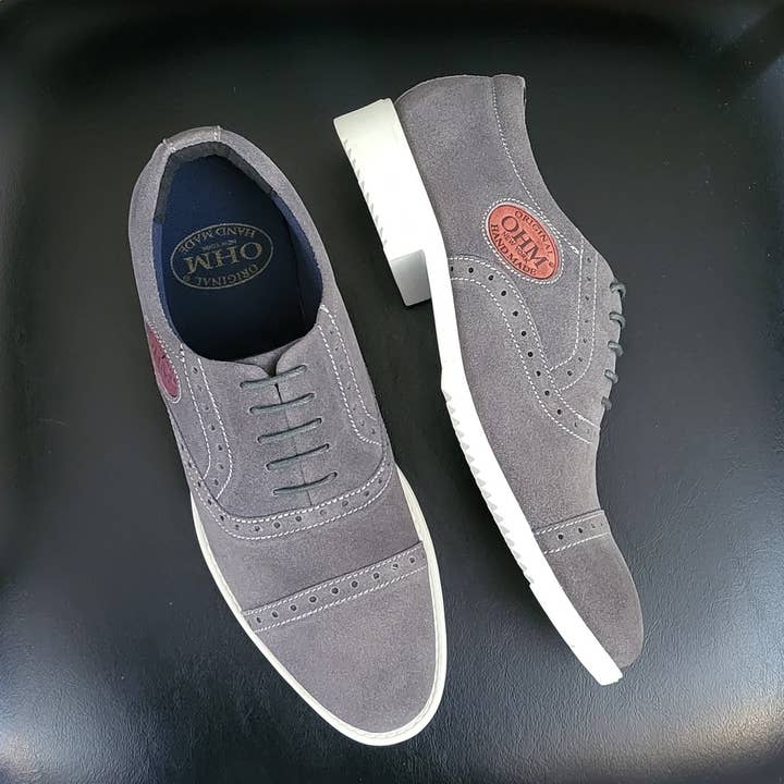 Gray Executive All Day Comfort Oxford Leather Shoes Grey with Embossed Logo for wholesale on Faire