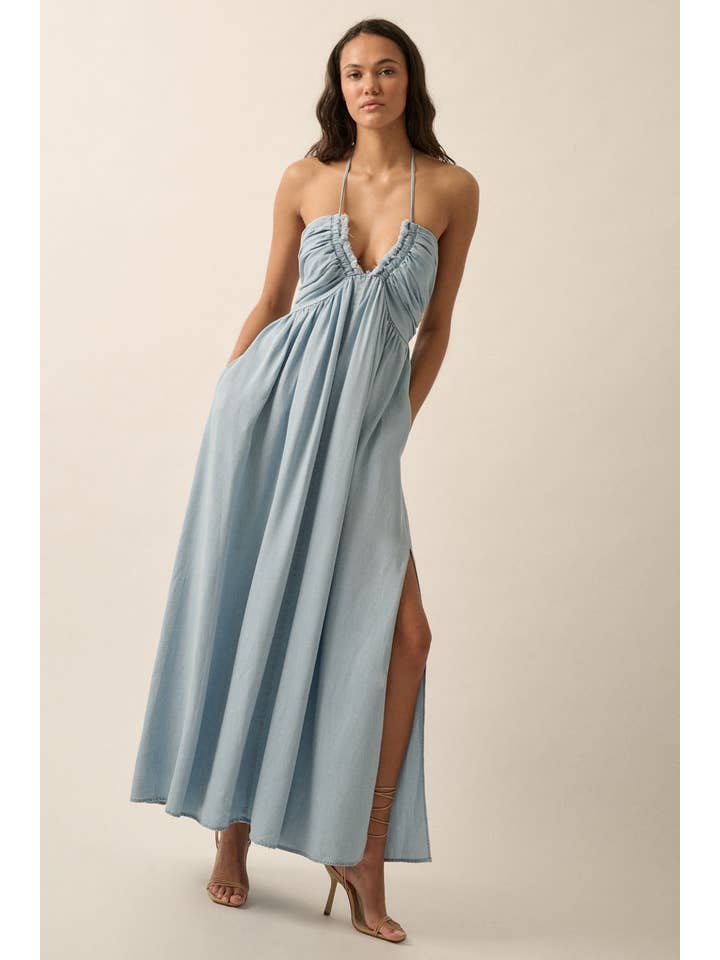 LIGHT CHAMBRAY Plunging Halter-Neck Solid Denim Maxi Dress for wholesale on Faire
