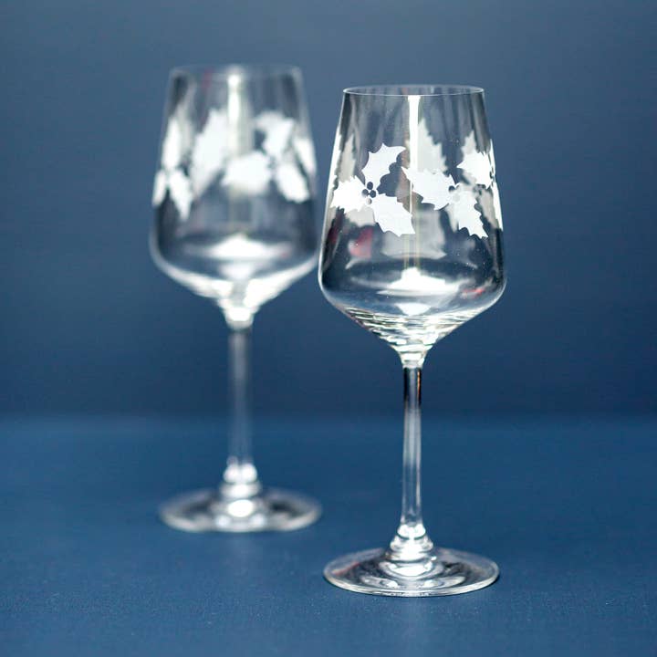 Wine Glass With Holly Pattern- December Birth Month for wholesale by Morning Fog Studios