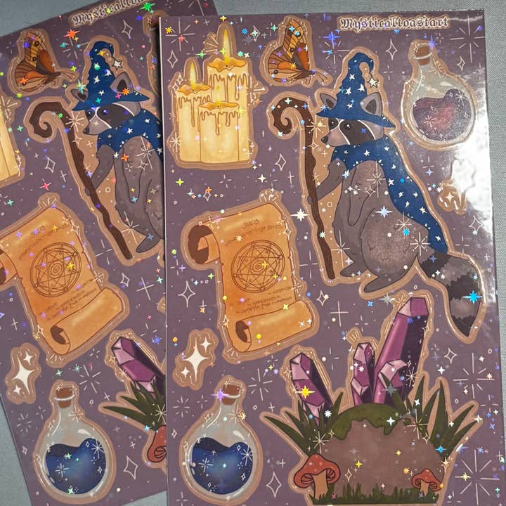 Wizard Raccoon Sticker Sheet for wholesale by MysticalToastArt